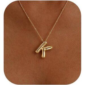 14K Gold Plated Bubble Letter Necklace Initial Pendant Chunky Custom Name Jewelr